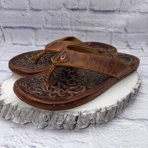 OluKai Mekila Flip Flops Thong Sandals Brown Leather Embossed Mens Size 12